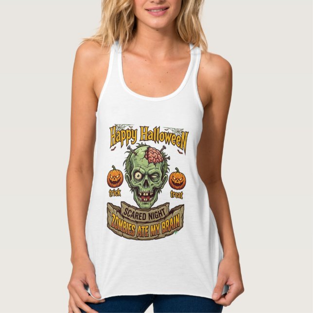 Happy Halloween Zombies Ate Brain Zombie Head Pump Singlet (Front)