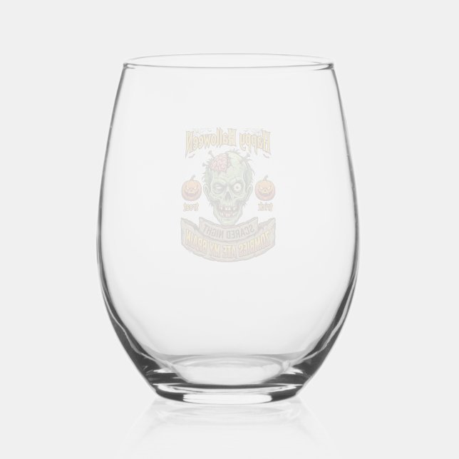 Happy Halloween Zombies Ate Brain Zombie Head Pump Stemless Wine Glass (Front)