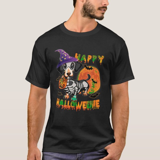 Happy Halloweenie Dachshund Dog Ghost Halloween Do T-Shirt (Front)