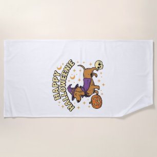 Happy Halloweenie Dachshund Witch Dog T-Shirt_1 Beach Towel