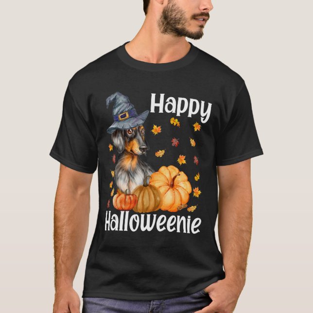 Happy Halloweenie Halloween Dachshund Witch Wiener T-Shirt (Front)