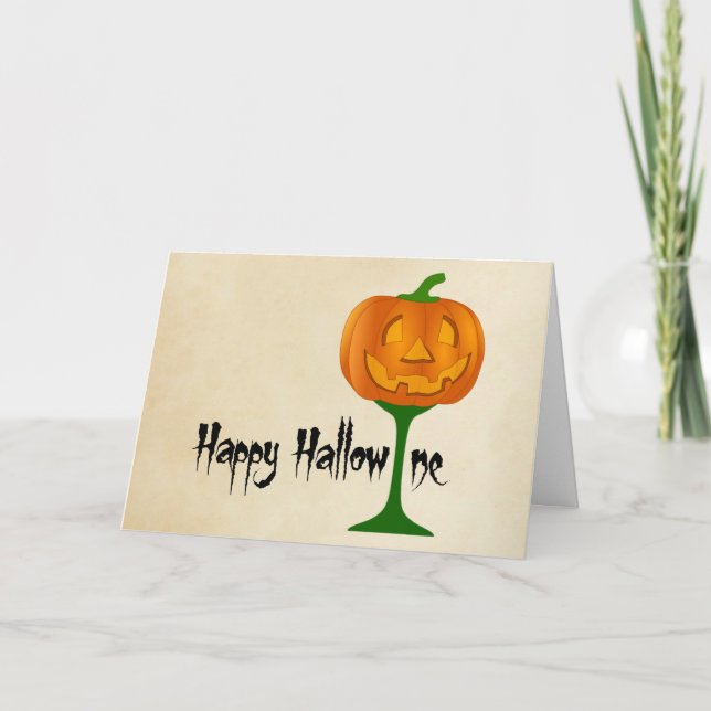 Happy Hallowine Pumpkin Wine Glass Halloween Card (Front)