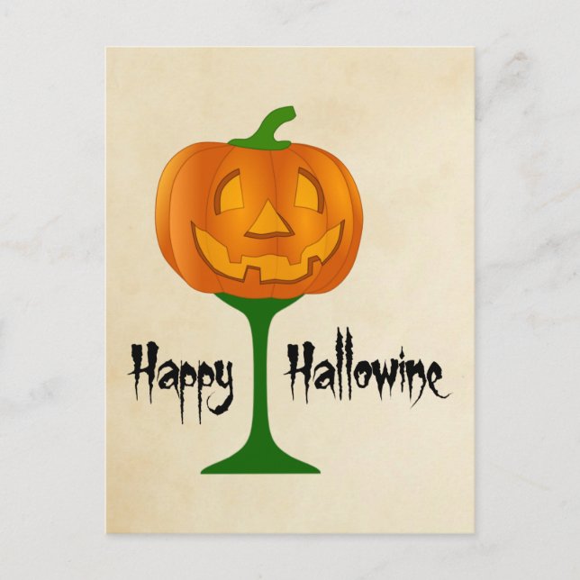 Happy Hallowine Pumpkin Wine Glass Halloween Postcard (Front)