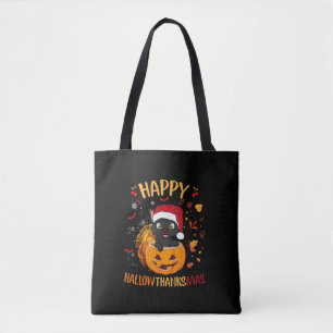 Happy HallowThanksMas Black Cat Santa Hat Holiday Tote Bag