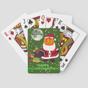 "HAPPY HALLOWTHANKSMAS" funny holiday party gift Playing Cards