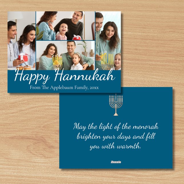 happy hannukah , 4 photos collage blue and white holiday card (Creator Uploaded)