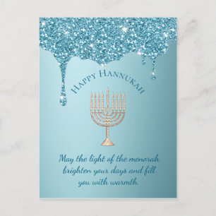 happy hannukah ,light blue gold menorah glitters holiday postcard