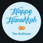 Happy Hannukah Sticker<br><div class="desc">Customise this holiday sticker with your own name and greeting. The Bright blue swash headline and small dreidel images add a festive flair.</div>