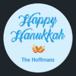 Happy Hannukah Sticker<br><div class="desc">Customise this holiday sticker with your own name and greeting. The Bright blue swash headline and small dreidel images add a festive flair.</div>