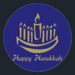 Happy Hanuikkah Menorah - Gold - Customisable Classic Round Sticker<br><div class="desc">Happy Hanuikkah Menorah - Gold - Customisable - please feel free to change the background colours - colours chosen are just an example.</div>