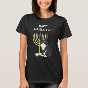 Happy Hanukca Black Cat Menorah Funny Hanukkah T-Shirt