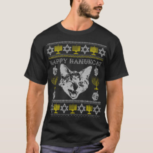 Happy Hanukcat Hannukah Jewish Cat Ugly Christmas  T-Shirt