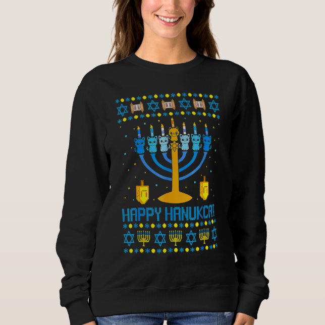 Happy Hanukcat Ugly Hanukkah Cat Chanukah Jewish U Sweatshirt (Front)