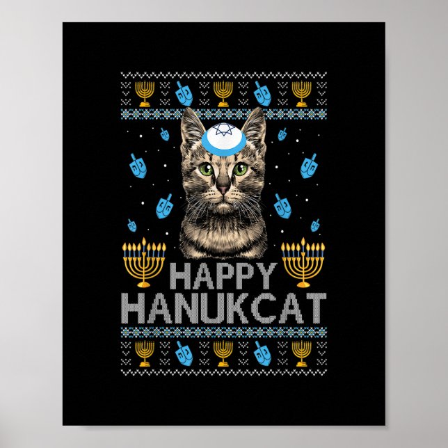 Happy Hanukcat Ugly Hanukkah Sweater Maine Coon Ca Poster (Front)