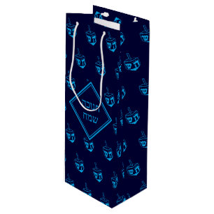 HAPPY HANUKKAH חנוכה שמח Hebrew Dreidel NAVY CYAN Wine Gift Bag