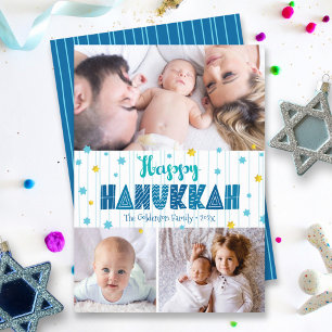 Happy Hanukkah 3 Photo Modern Typography Gold Star Holiday Card