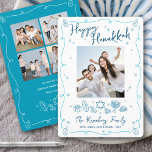 Happy Hanukkah 5 Photo Whimsical Hand Drawn Doodle Holiday Card<br><div class="desc">“Happy Hanukkah.” This year, it’s time to get together with your family and friends to celebrate Hanukkah and usher in the festival of lights. On the front, fun, whimsical navy blue handwritten script typography and turquoise teal blue hand drawn Hanukkah icon doodles, along with the photo of your choice, overlay...</div>