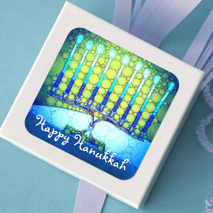 Happy Hanukkah Artsy Turquoise Blue Green Menorah Square Sticker