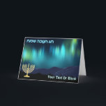 Happy Hanukkah - Aurora Borealis Holiday Card<br><div class="desc">Chanukkah greetings from the Frozen Chosen. A multi-coloured,  fractal rendering of the aurora borealis,  or Northern Lights,  superimposed on a digital painting of snow-covered mountains. A Chanukkah menorah appears along with Hebrew text reading,  "חג חנוכה שמח" (Chag Chanukkah Sameach - Happy Hanukkah). Add your own additional text.</div>