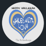 Happy Hanukkah, Baked with Love Classic Round Sticker<br><div class="desc">Personalise these Happy Hanukkah, Baked with Love stickers with your name or family name. These custom tags are perfect for your Hanukkah holiday baking, whether it be challah breads, rugelachs, or jam-filled sufganiyots. Blue, silver, and yellow heart design with stylised typography, adorned with a Star of David. If you bake...</div>