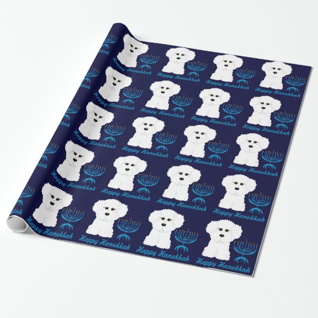 Happy Hanukkah Bichon Frise Menorah Wrapping Paper (Unrolled)