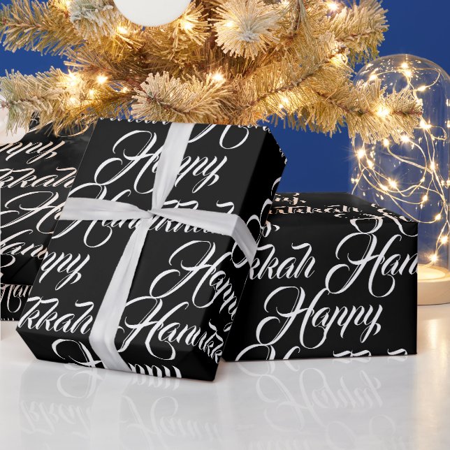 Happy Hanukkah black white modern elegant script Wrapping Paper (Holidays)