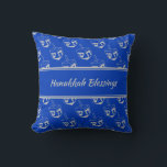 HAPPY | HANUKKAH BLESSINGS | Dreidel BLUE<br><div class="desc">Mid blue THROW PILLOW to celebrate HANUKKAH. Blue and silver grey colour theme with all over DREIDEL print. There is customisable placeholder text on the front which says HANUKKAH BLESSINGS and on the back so you can personalise with your own greeting and/or name. Other versions available in the HANUKKAH Collection...</div>