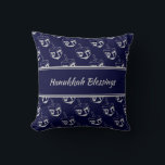 HAPPY HANUKKAH | BLESSINGS | Dreidel Pattern| NAVY Cushion<br><div class="desc">Midnight navy blue THROW PILLOW to celebrate HANUKKAH. Navy and silver grey colour theme with all over DREIDEL print. There is customisable placeholder text on the front which says HANUKKAH BLESSINGS and on the back, so you can personalise with your own greeting and/or name. Other versions available in the HANUKKAH...</div>