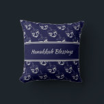 HAPPY HANUKKAH | BLESSINGS | Dreidel Pattern| NAVY Cushion<br><div class="desc">Midnight navy blue THROW PILLOW to celebrate HANUKKAH. Navy and silver grey colour theme with all over DREIDEL print. There is customisable placeholder text on the front which says HANUKKAH BLESSINGS and on the back, so you can personalise with your own greeting and/or name. Other versions available in the HANUKKAH...</div>