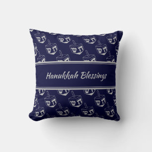 HAPPY HANUKKAH   BLESSINGS   Dreidel Pattern  NAVY Cushion