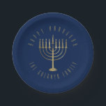 Happy HanuKkah Blue and Gold Menorah Holiday Paper Plate<br><div class="desc">These festive paper plates are perfect for your holiday party. They feature a gold coloured menorah on a navy blue background. The message above it reads "Happy Hanukkah". Below the menorah is a place for your family name which you may personalise or remove if you'd like. Designed by artist ©...</div>