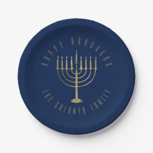 Happy HanuKkah Blue and Gold Menorah Holiday Paper Plate