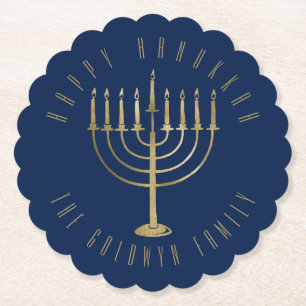Happy Hanukkah Blue Gold Menorah Holiday Paper Coaster