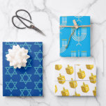 Happy Hanukkah Blue Star Menorah Dreidel Wrapping Paper Sheet<br><div class="desc">A set of 3 Hanukkah gift wrap- Star of David / menorah / dreidel.</div>