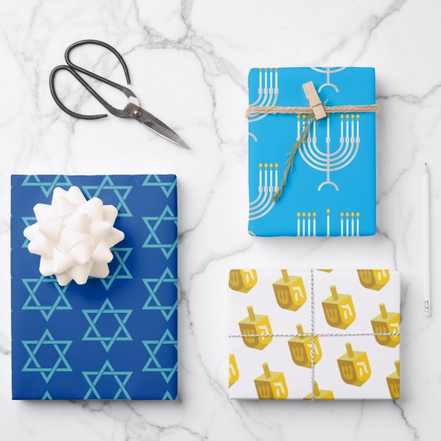 Happy Hanukkah Blue Star Menorah Dreidel Wrapping Paper Sheet (Front)