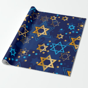 Happy Hanukkah Blue Star of David Menorah Wrapping Paper
