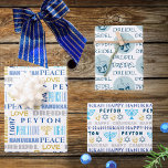 Happy Hanukkah Blue White Childs Name Typography Wrapping Paper Sheet<br><div class="desc">Add your child's name to this cute blue on white Happy Hanukkah typography wrapping paper for a personalised touch to your Festival of Lights. Sheet One features a mix of fun fonts in various shades of blue, from light to dark, along with touches of yellow gold and grey on white....</div>