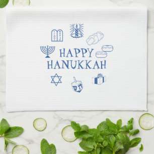 Happy Hanukkah blue white custom cute Tea Towel