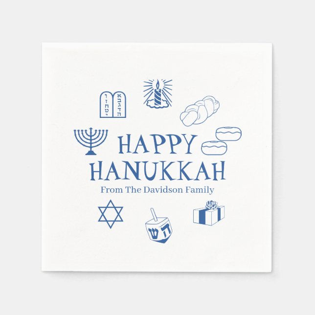 Happy Hanukkah blue white custom family name Napkin (Front)