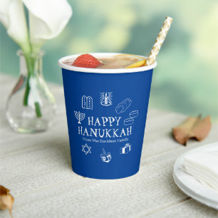 Happy Hanukkah blue & white custom family name Paper Cups
