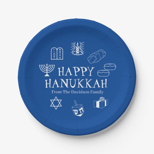 Happy Hanukkah blue & white custom family name Paper Plate (Front)