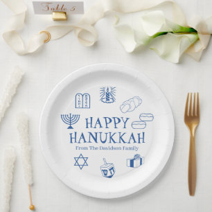 Happy Hanukkah blue white custom family name Paper Plate