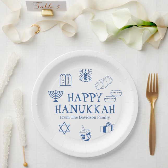 Happy Hanukkah blue white custom family name Paper Plate (Wedding)