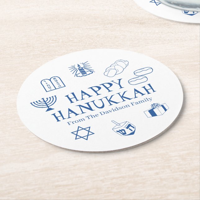 Happy Hanukkah blue white custom family name Round Paper Coaster (Angled)
