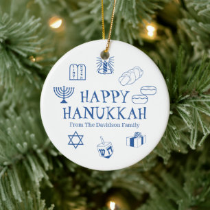 Happy Hanukkah blue white custom name favours Ceramic Tree Decoration