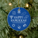 Happy Hanukkah blue & white custom name favours Ceramic Tree Decoration<br><div class="desc">Happy Hanukkah,  customise family name gift favour holiday Ceramic Ornament.
Happy Hanukkah,  Happy Chanukah,  Hanukkah Sameach!,  Chag Sameach!,  Chag Urim Sameach!
Blue and white</div>