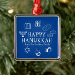 Happy Hanukkah blue & white custom name favours  Metal Tree Decoration<br><div class="desc">Happy Hanukkah,  customise family name gift favour holiday Metal Ornament.
Happy Hanukkah,  Happy Chanukah,  Hanukkah Sameach!,  Chag Sameach!,  Chag Urim Sameach!
Blue and white</div>
