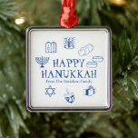 Happy Hanukkah blue white custom name favours Metal Tree Decoration<br><div class="desc">Happy Hanukkah,  customise family name gift favour holiday Metal Ornament.
Happy Hanukkah,  Happy Chanukah,  Hanukkah Sameach!,  Chag Sameach!,  Chag Urim Sameach!
Blue and white</div>