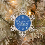Happy Hanukkah blue & white custom name favours Snowflake Pewter Christmas Ornament<br><div class="desc">Happy Hanukkah,  customise family name gift favour holiday Snowflake Pewter Christmas Ornament.
Happy Hanukkah,  Happy Chanukah,  Hanukkah Sameach!,  Chag Sameach!,  Chag Urim Sameach!
Blue and white</div>