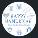 Happy Hanukkah blue white custom name gift favour  Classic Round Sticker<br><div class="desc">Happy Hanukkah,  customise family name gift favour stickers 
Happy Hanukkah,  Happy Chanukah,  Hanukkah Sameach!,  Chag Sameach!,  Chag Urim Sameach!
Blue and white</div>